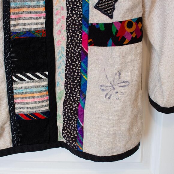 Linen Blend S VTG Lagenlook Lynn Murray Patchwork Pattern Art Boho Blazer FLAW - Picture 7 of 15